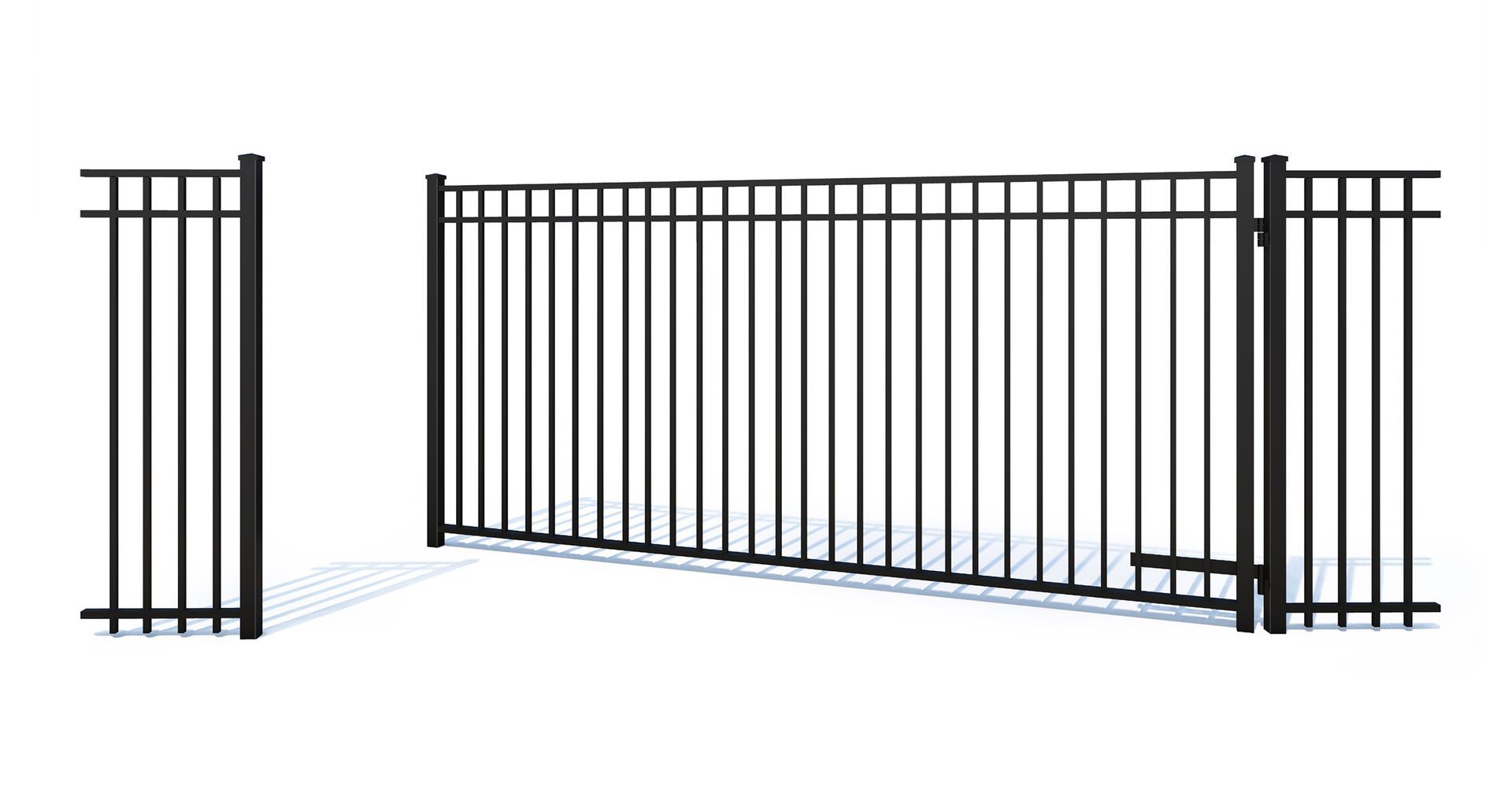 A black metal fence with a gate on a white background.