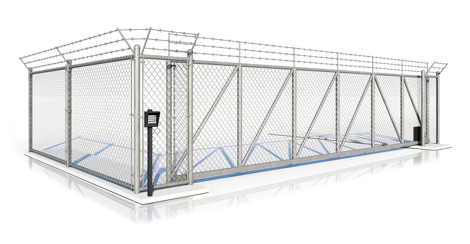 A chain link fence with a gate and barbed wire on a white background.
