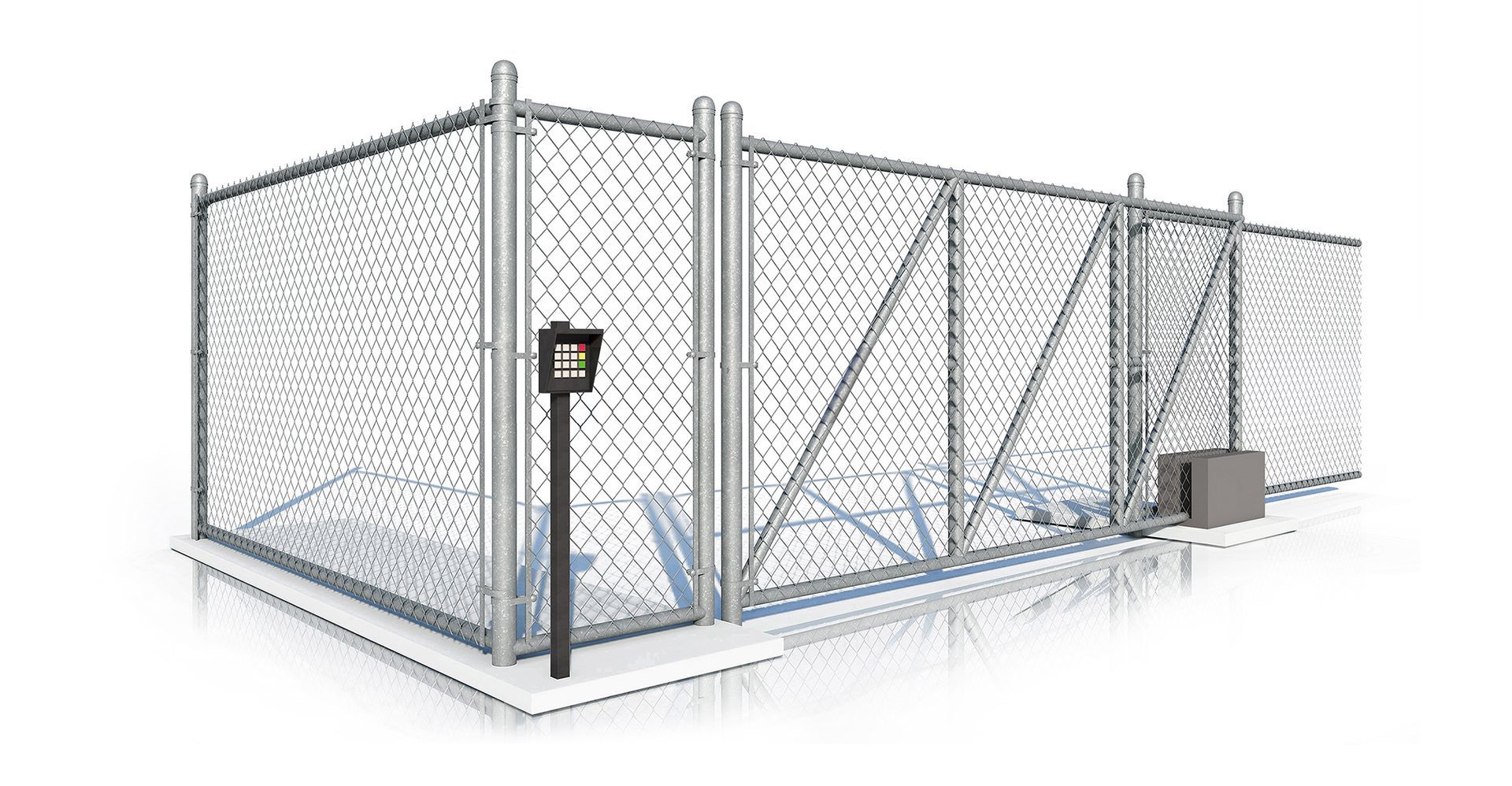 A chain link fence with a gate on a white background.
