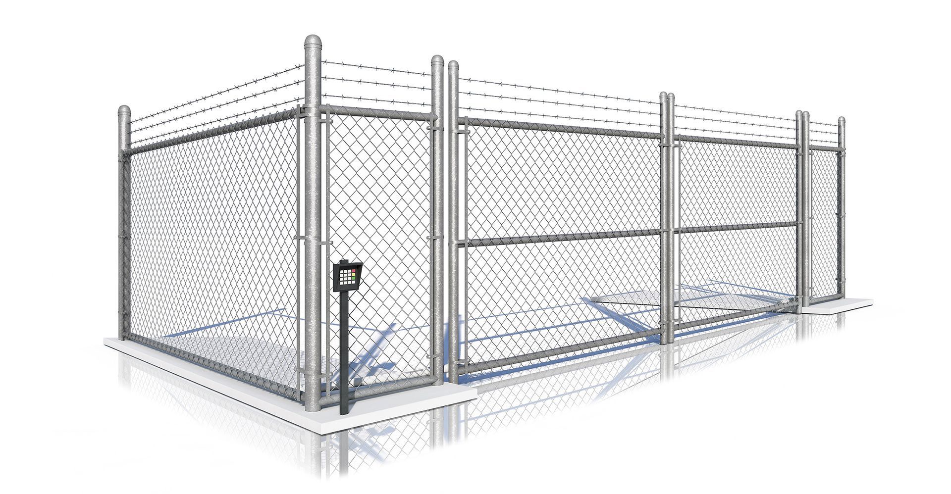 A chain link fence with a gate on a white background.