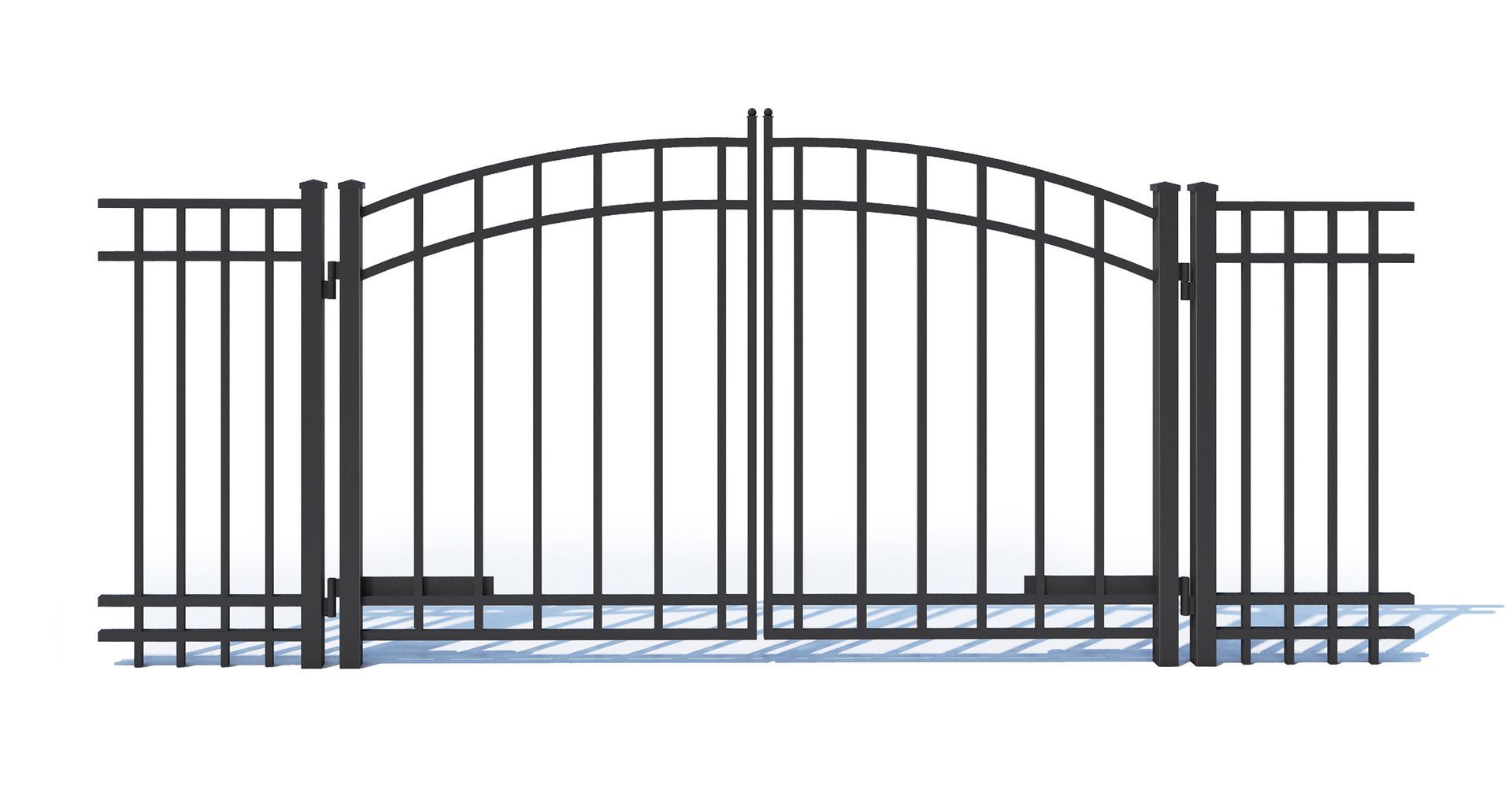 A black fence with a gate on a white background.
