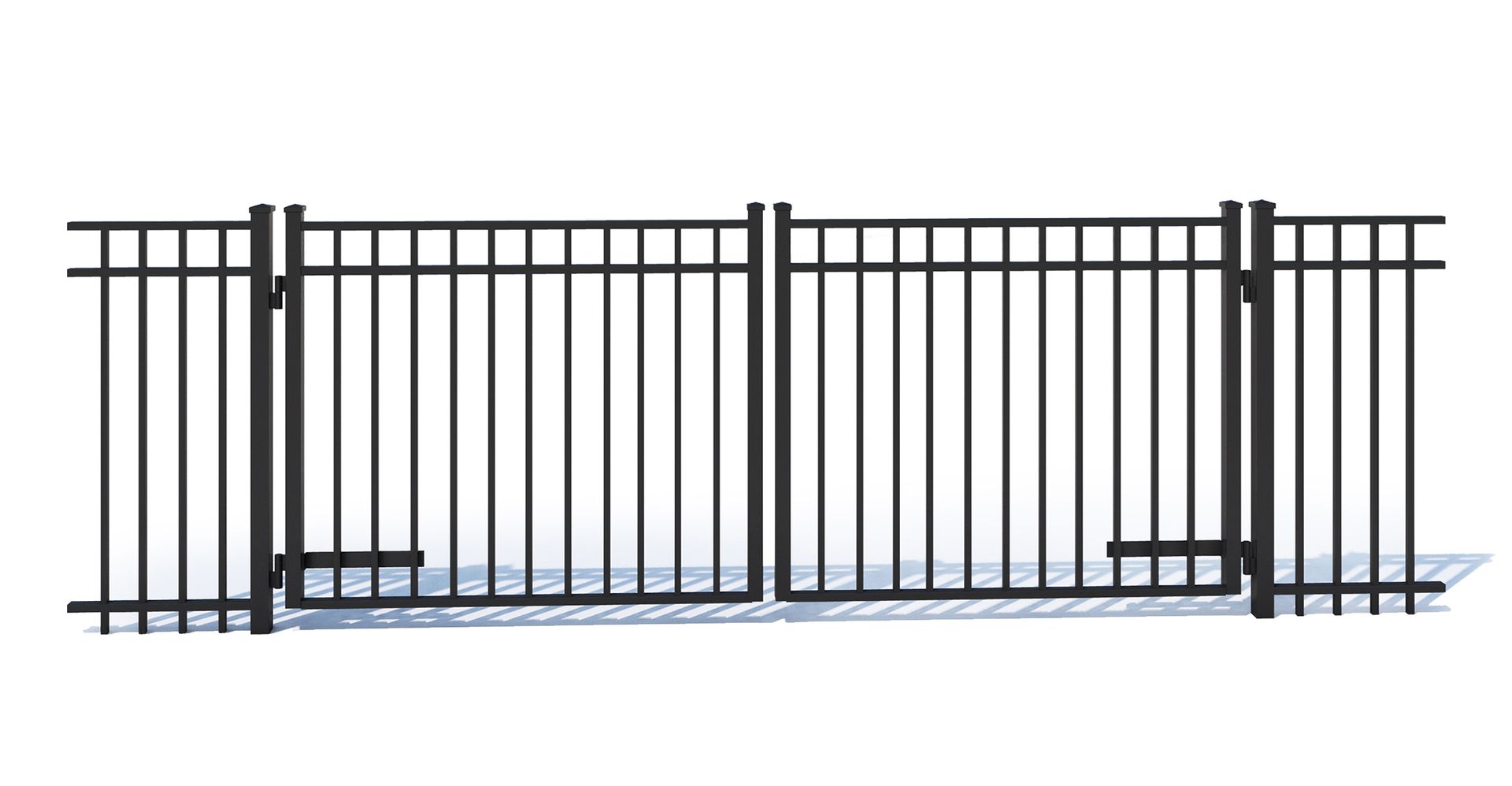 A black metal fence with a gate on a white background.