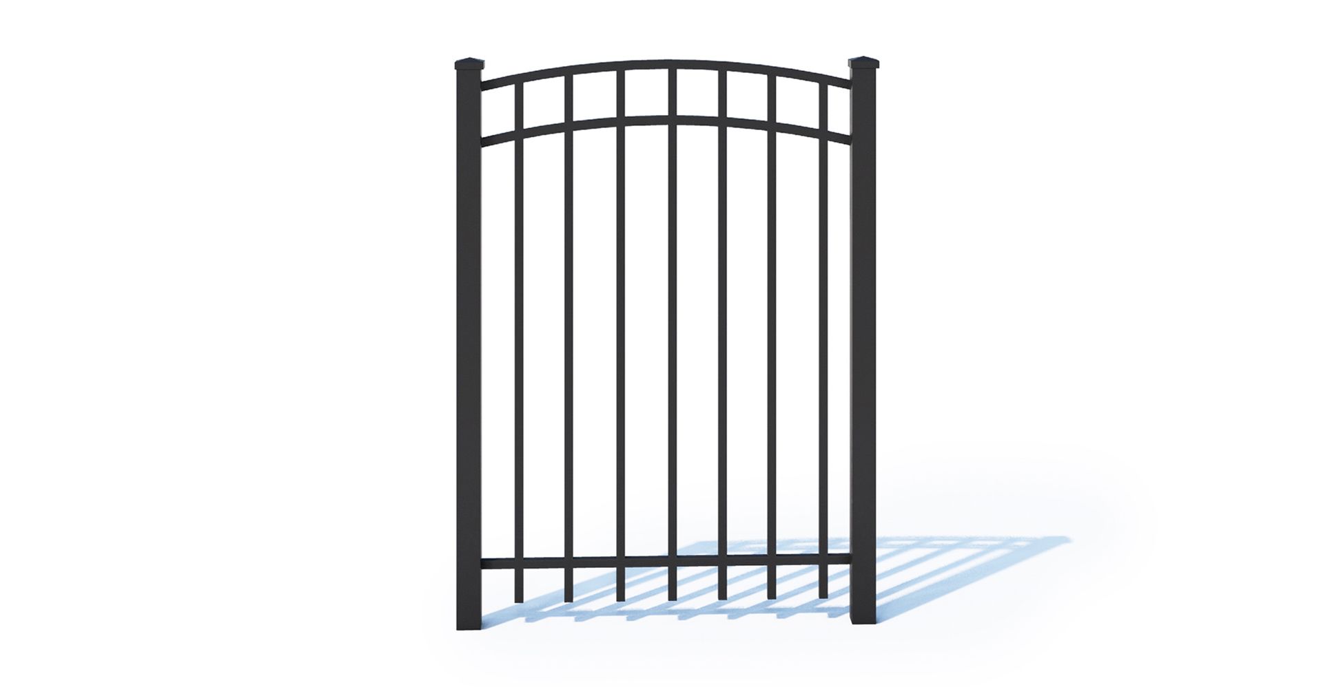 A black metal gate on a white background.