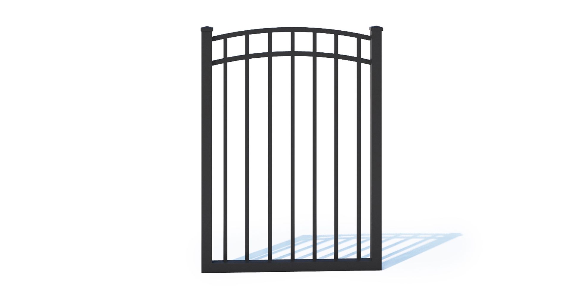 A black metal gate with a shadow on a white background.