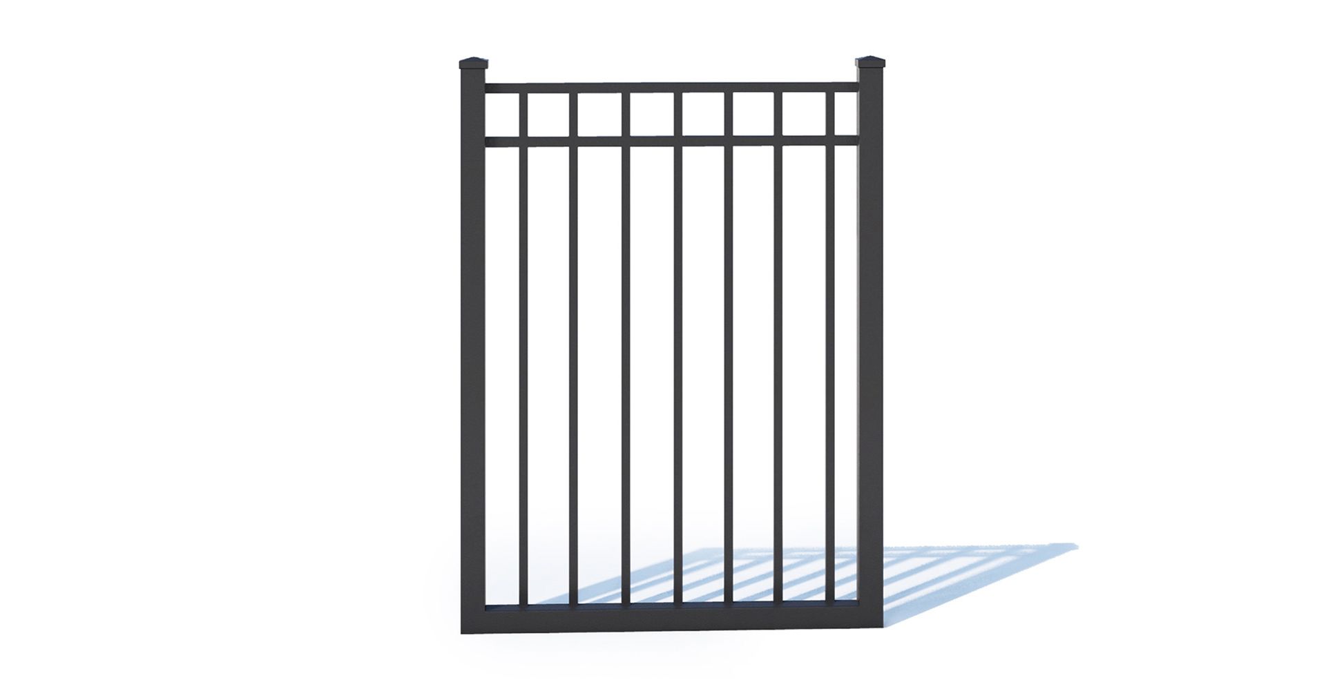 A black metal gate with a shadow on a white background.