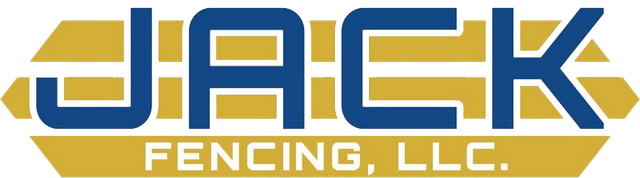 A blue and gold logo for jack fencing llc