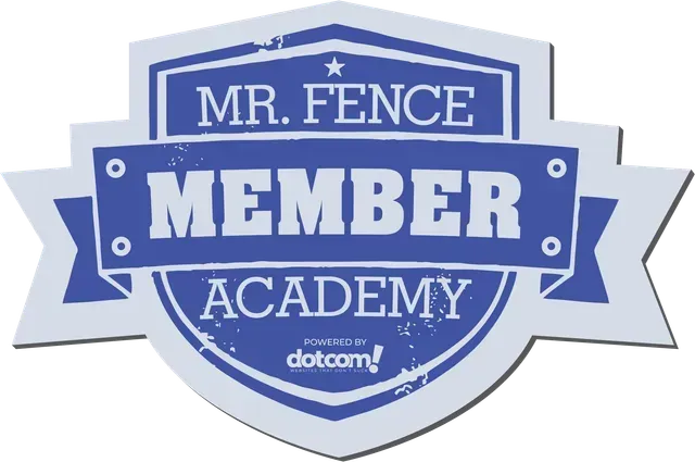 A blue and white logo for mr. fence member academy