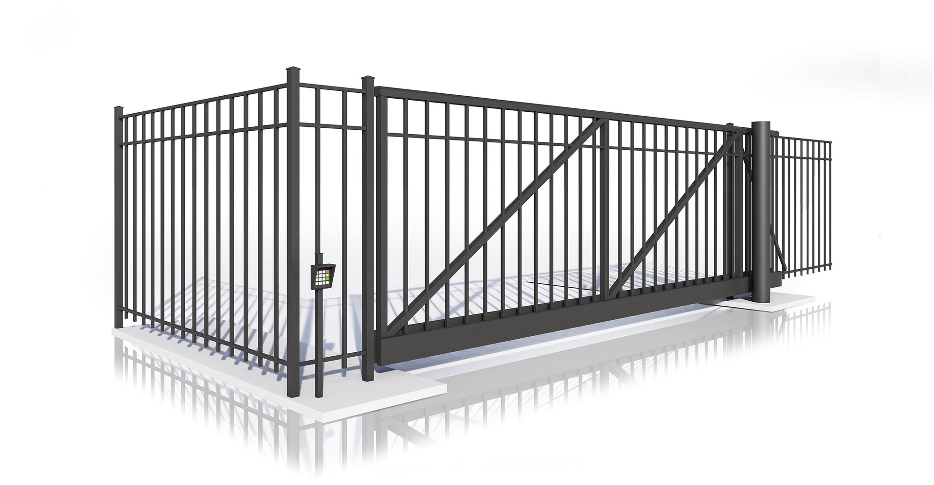 A black metal fence with a sliding gate on a white background.