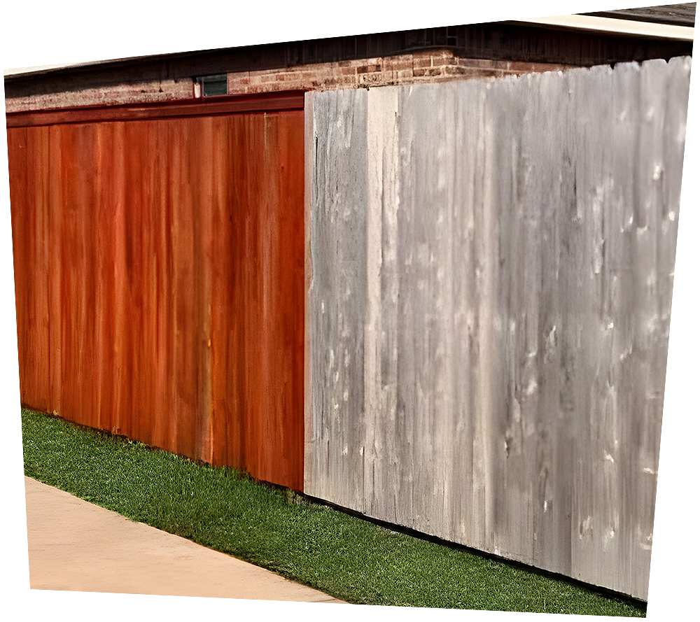 A white vinyl fence with a tree in the background