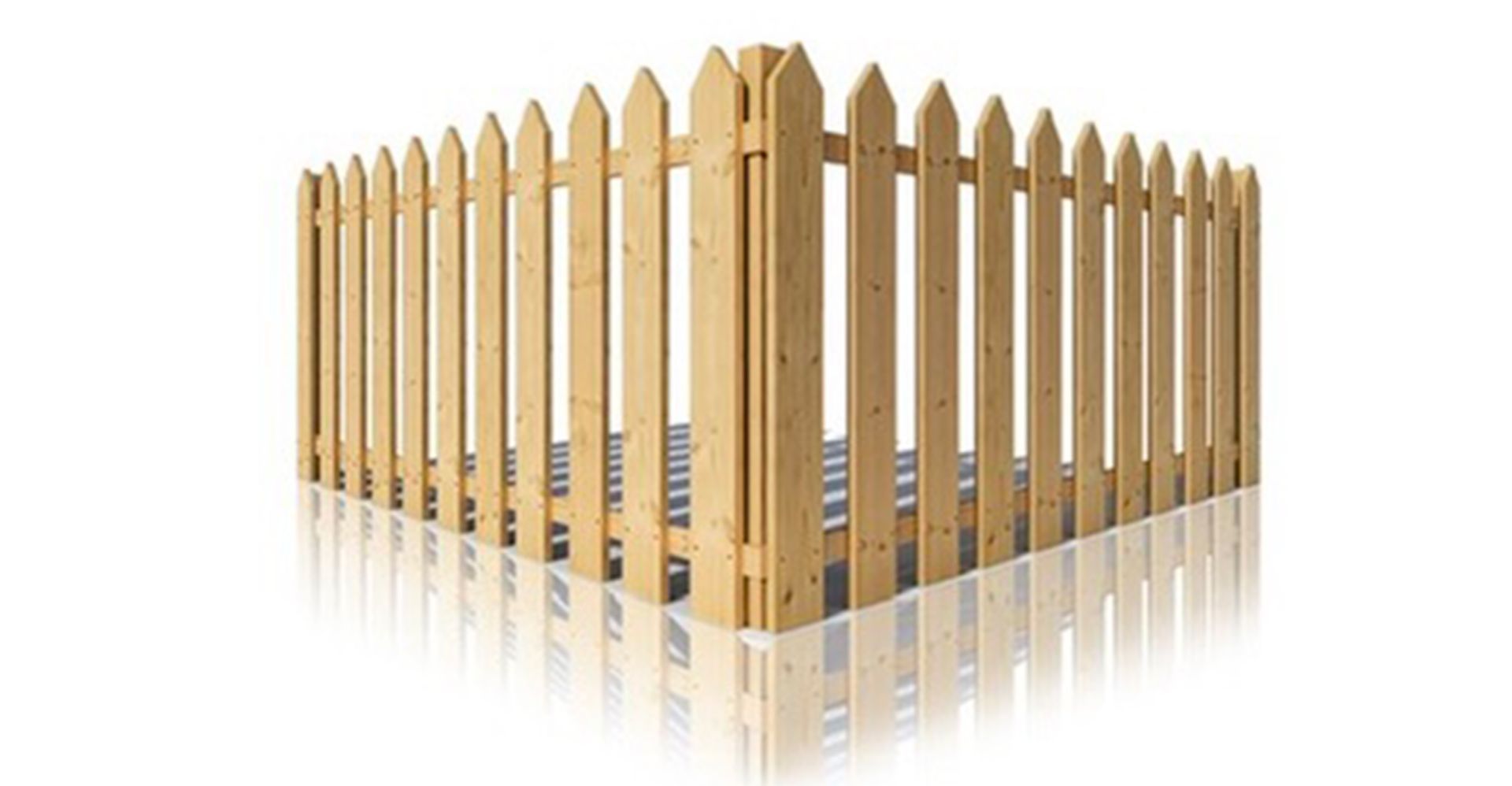 A wooden picket fence is reflected in a mirror on a white background.