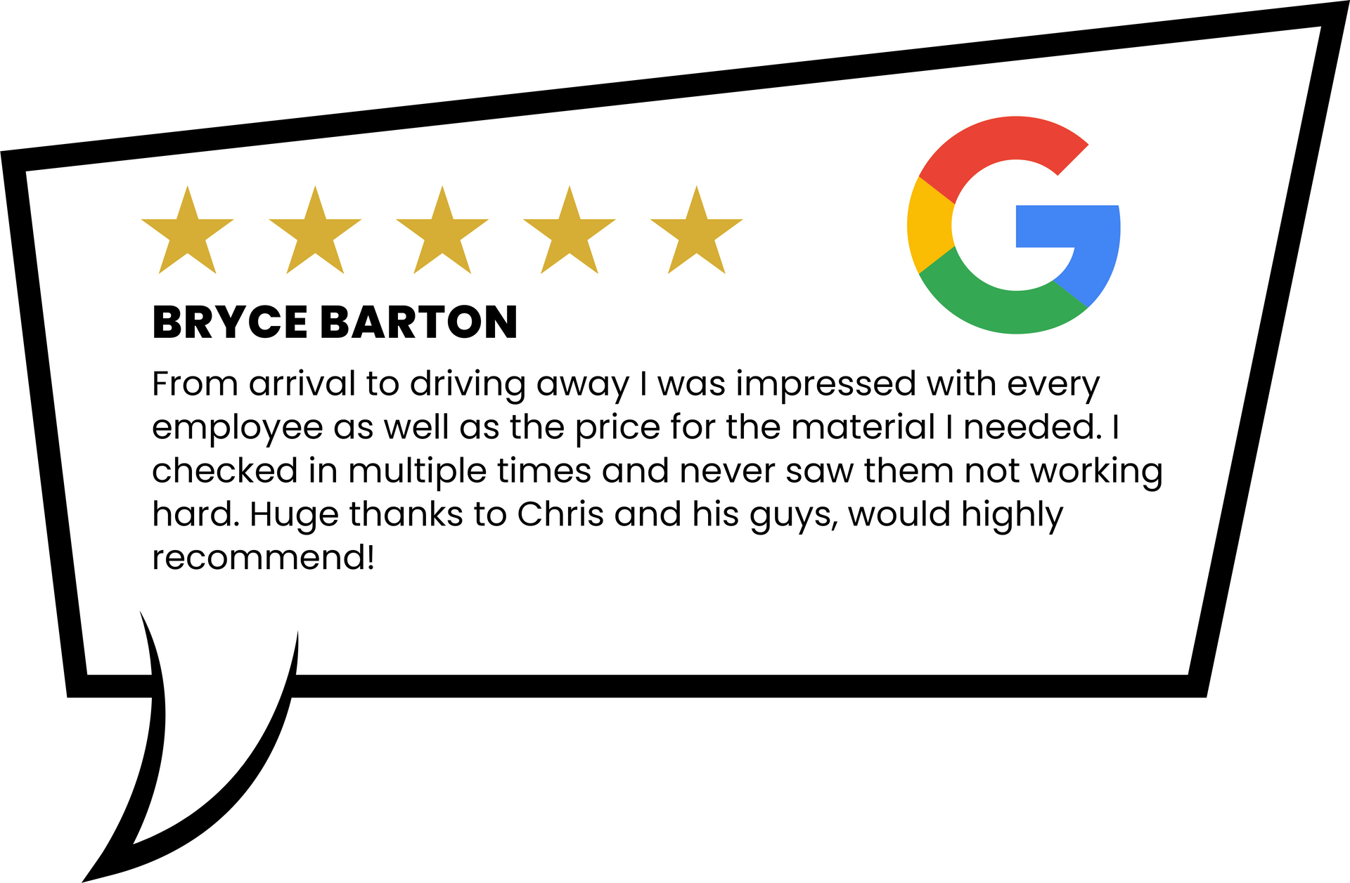 A speech bubble with a google logo and a review from bryce barton.