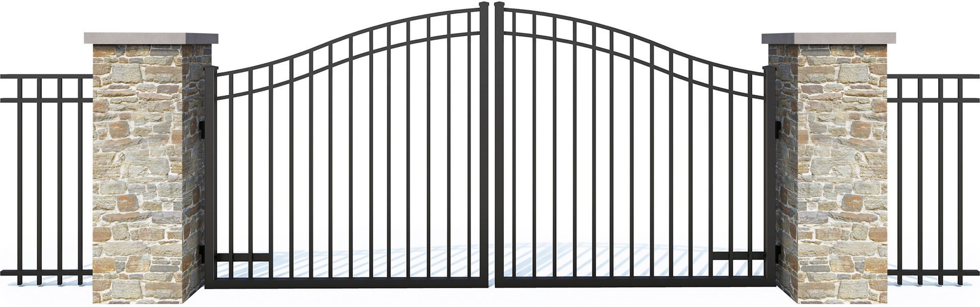 A wrought iron gate with a stone fence behind it on a white background.