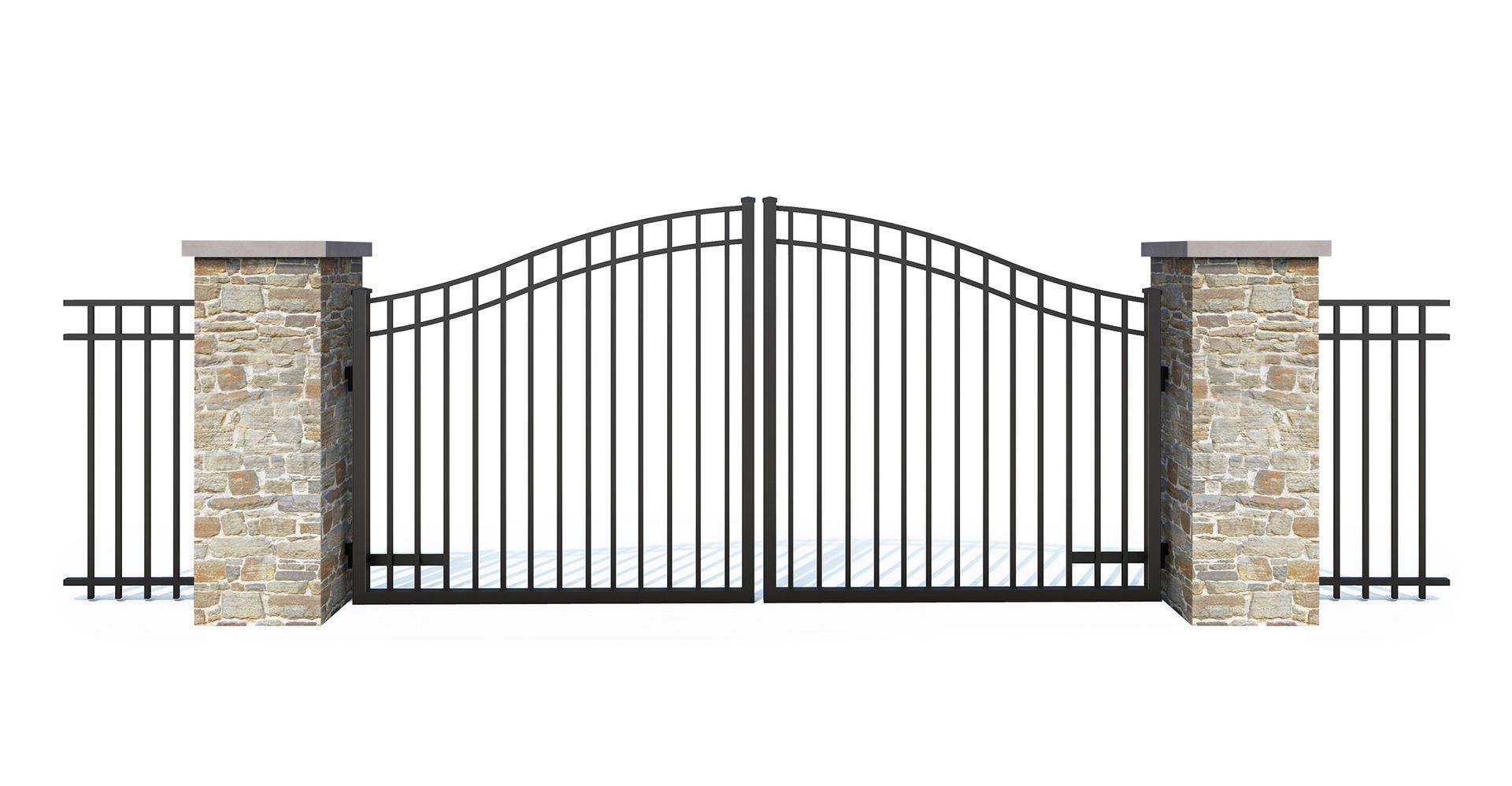 A wrought iron gate with a stone wall behind it on a white background.