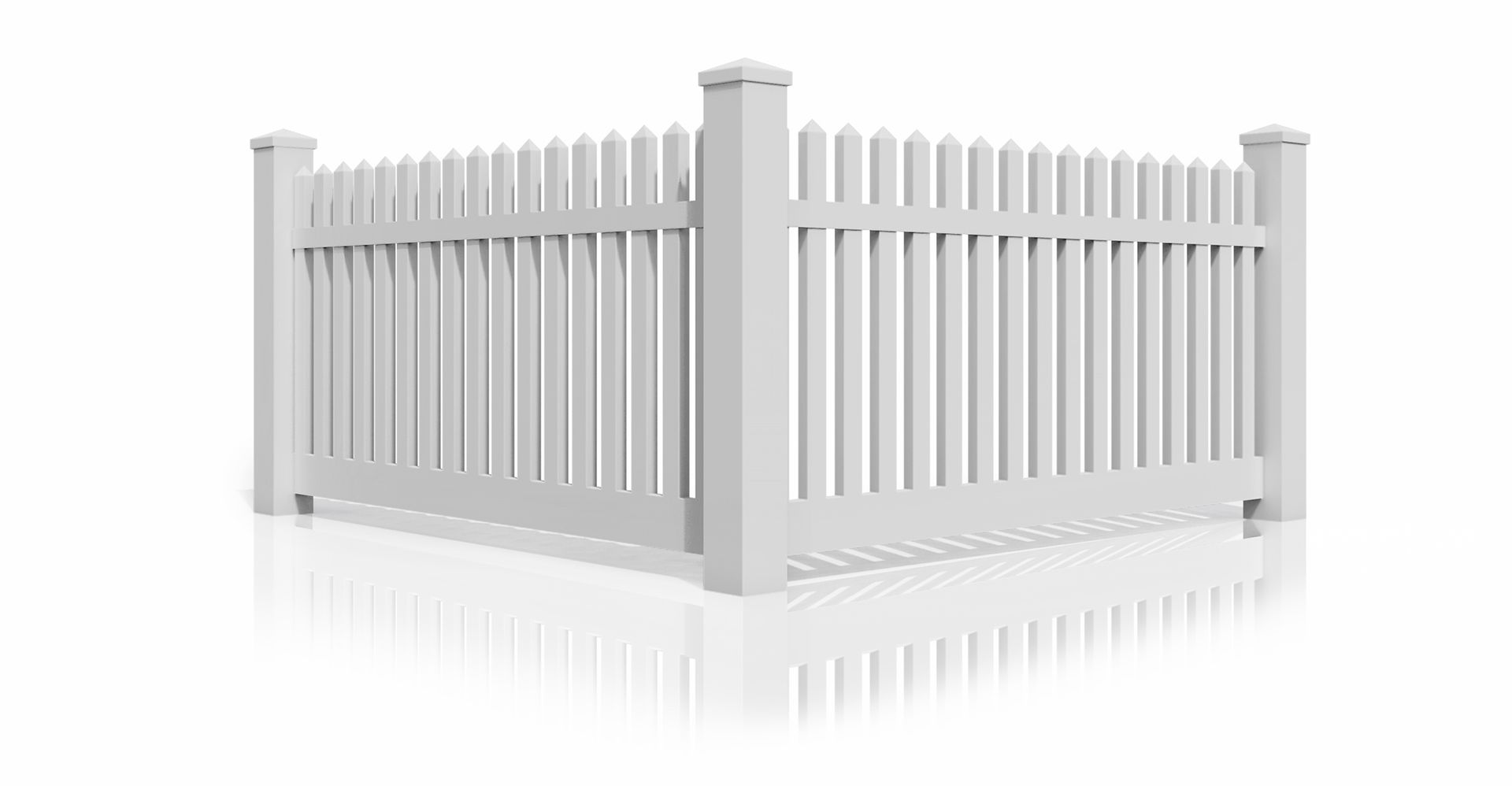 A white picket fence with a reflection on a white background.