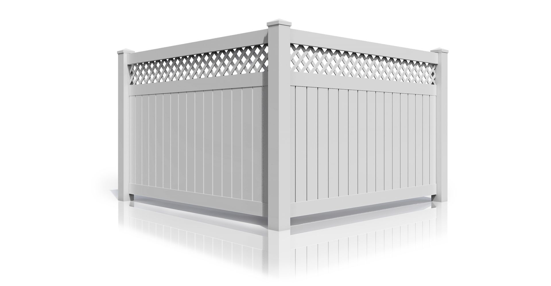 A white fence with a lattice design is sitting on a white surface.