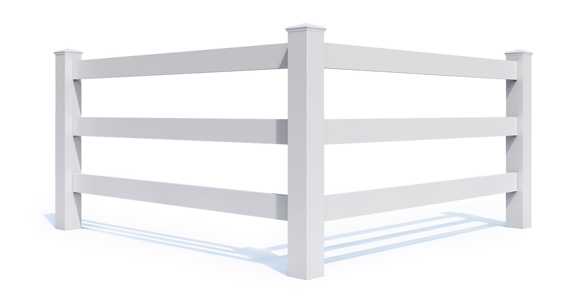 A white fence with three rails on a white background.