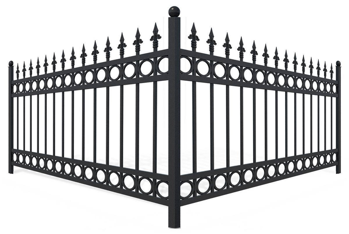 Black metal ornamental fence corner, with vertical bars, circular and fleur-de-lis top details.