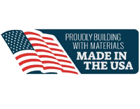 A logo that says `` proudly building with materials made in the usa '' with an american flag.