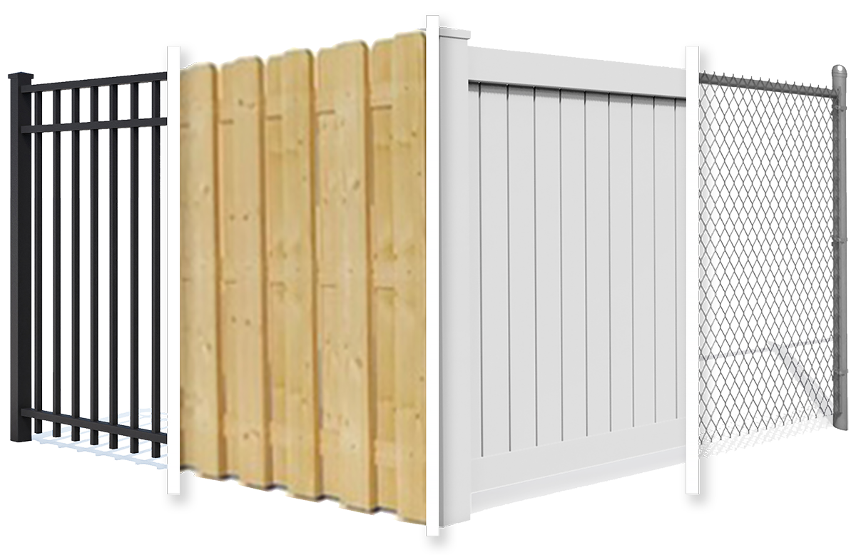 Sections of different fence types: metal, wood, white vinyl, and chain link.