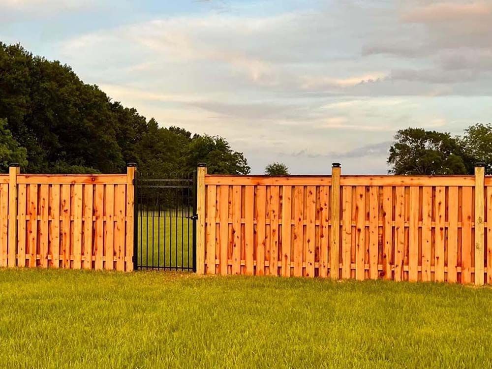 A wooden fence surrounds a grassy field with trees in the background.