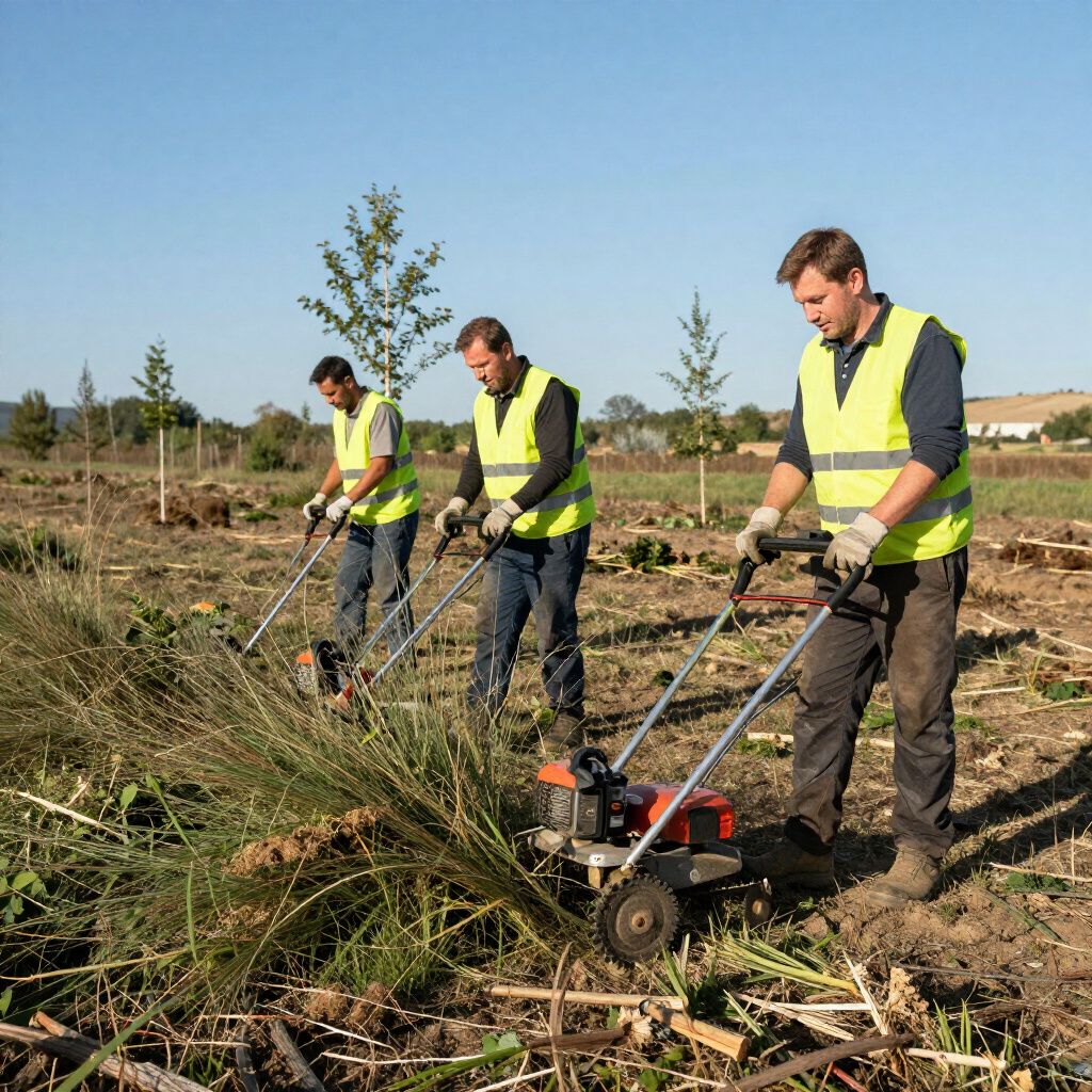 Three workers use brush cutters in a field. They wear vests, gloves, and face the camera.