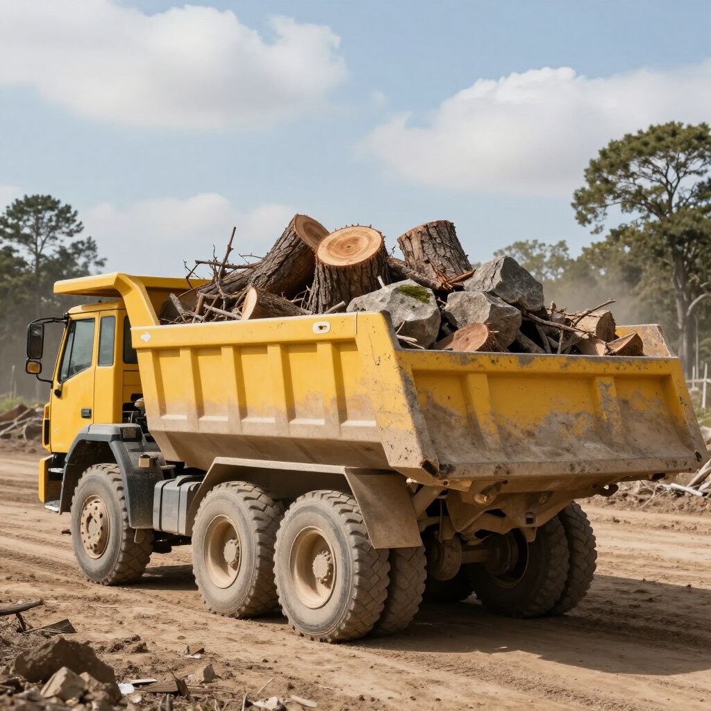 Yellow dump truck hauling logs and rocks on a dirt road, under a cloudy sky.