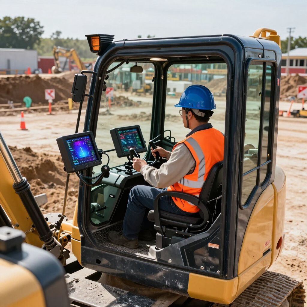 Construction worker operating excavator, wearing a hard hat and safety vest.
