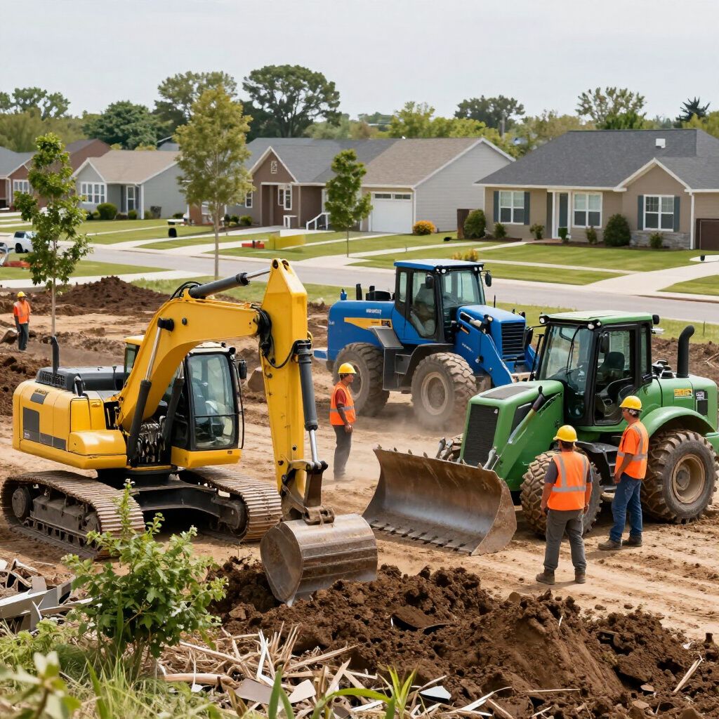 Construction site with excavators, tractors, and workers in front of suburban houses.
