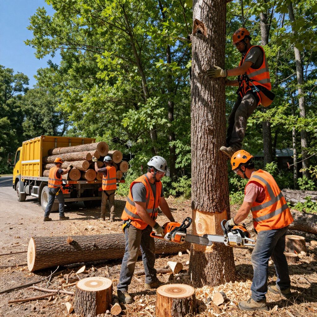 Arborists cutting down a tree next to a truck filled with logs. They wear safety gear, working outdoors in a forest.