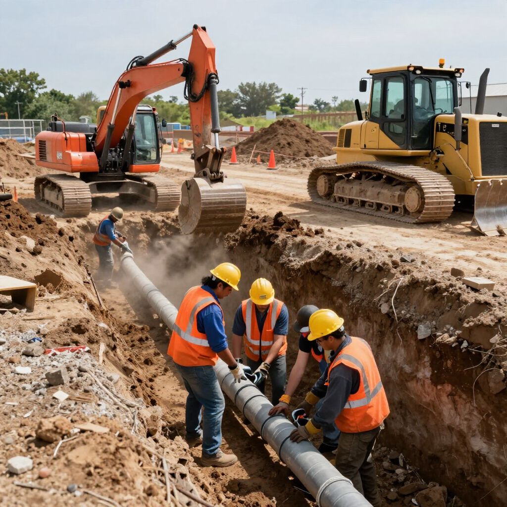 Construction workers installing pipe in a trench; excavator and bulldozer on site.