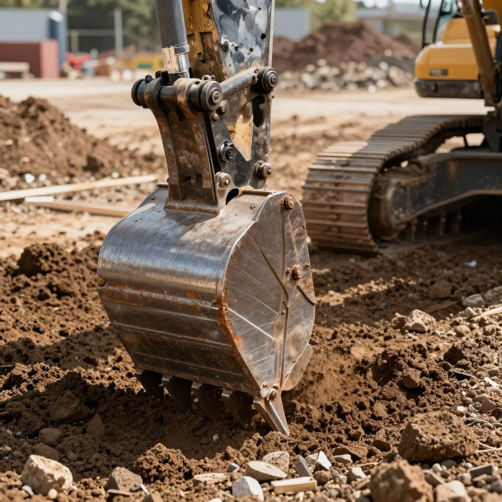 Excavator bucket digging into the earth on a construction site.