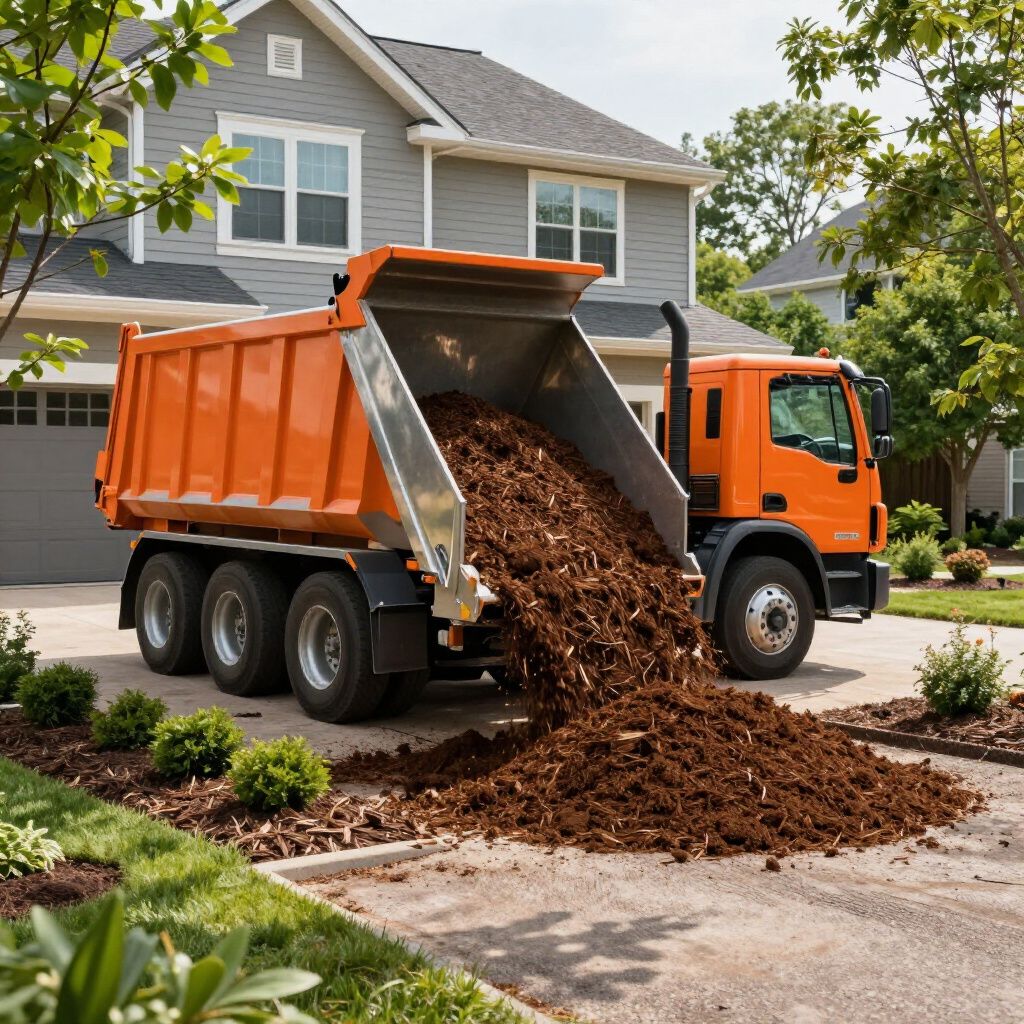 Orange dump truck unloading mulch onto a residential driveway.