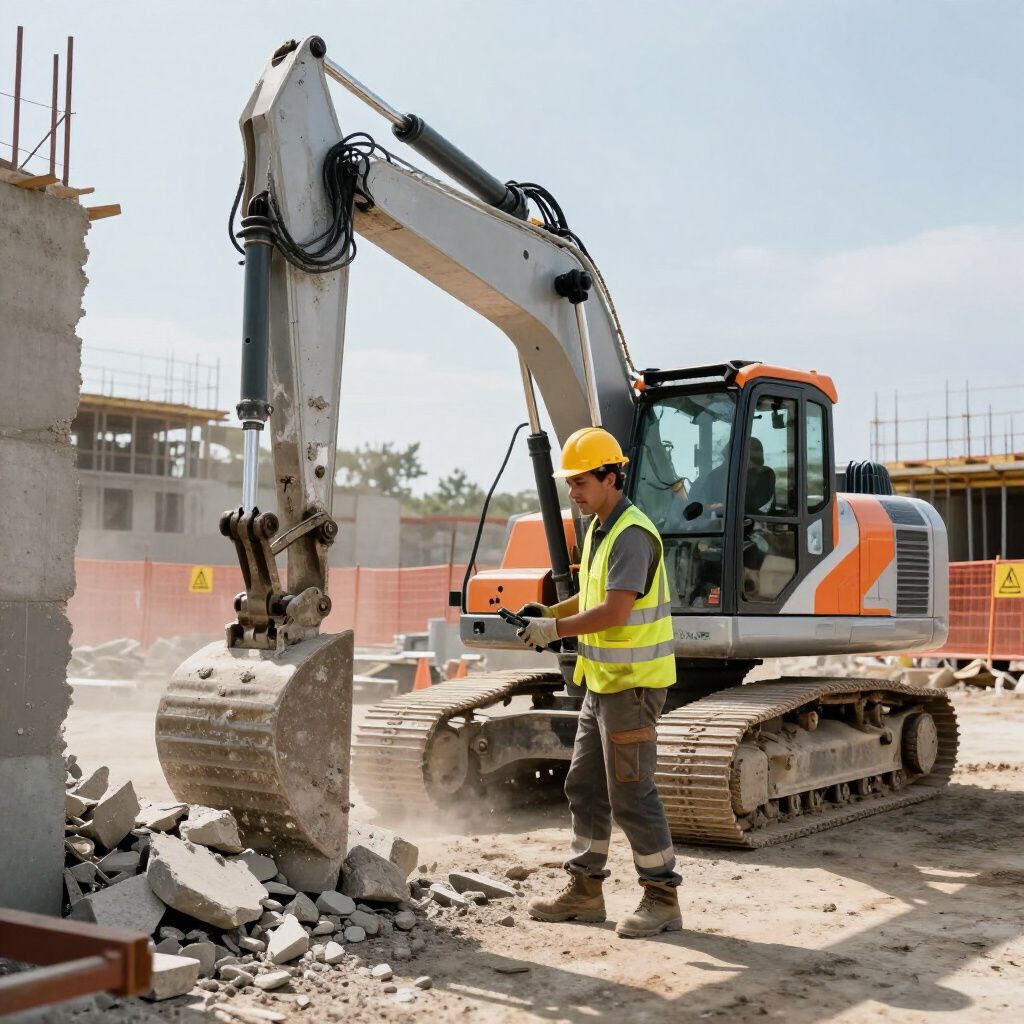Construction worker operating excavator, demolishing concrete wall at a construction site.