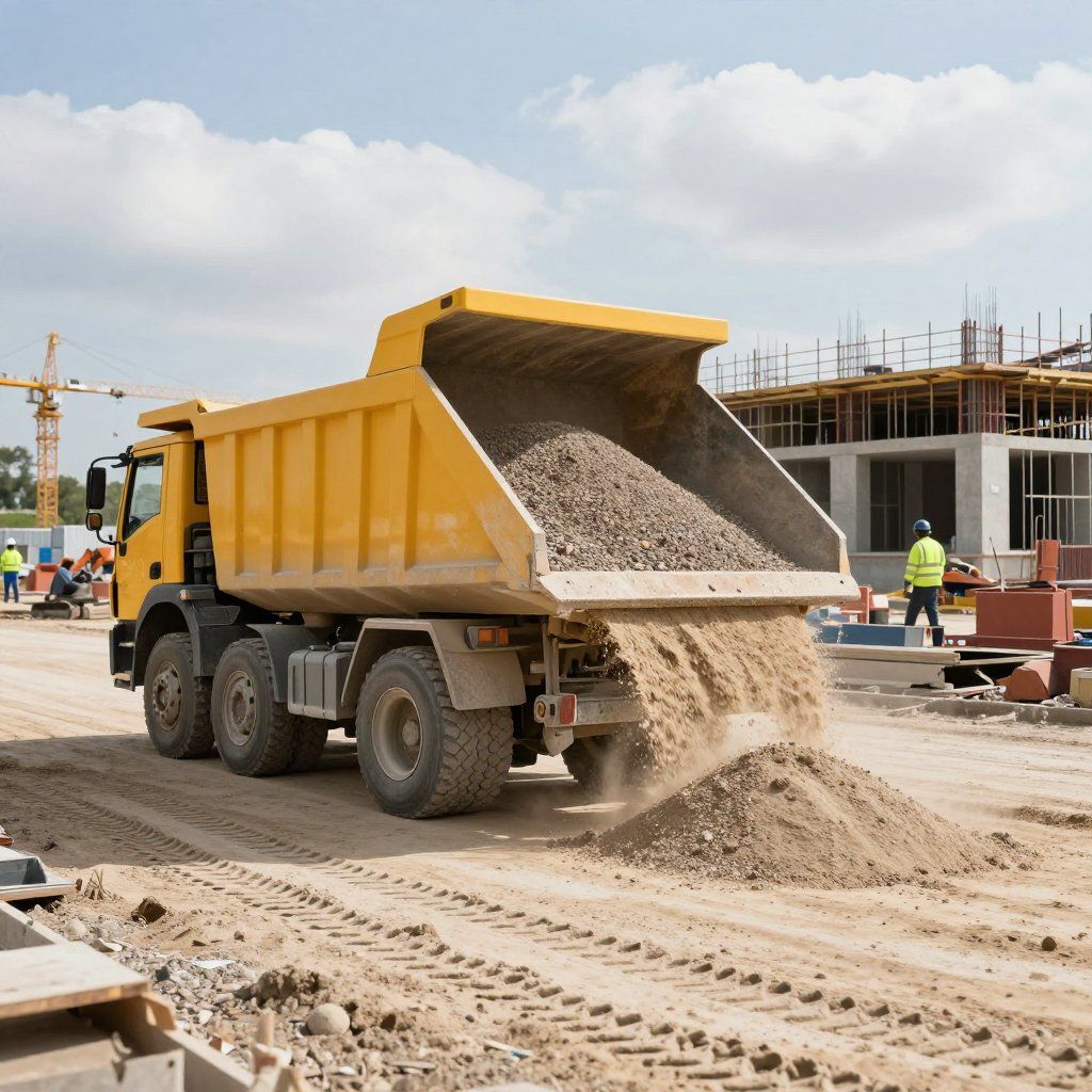 Yellow dump truck unloading gravel at a construction site.