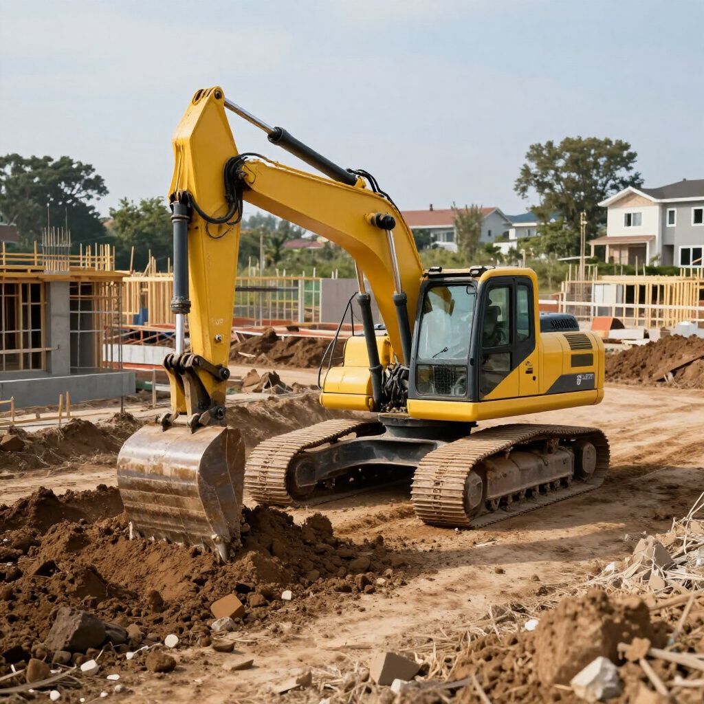 Yellow excavator on a construction site, digging dirt. Buildings under construction in background.