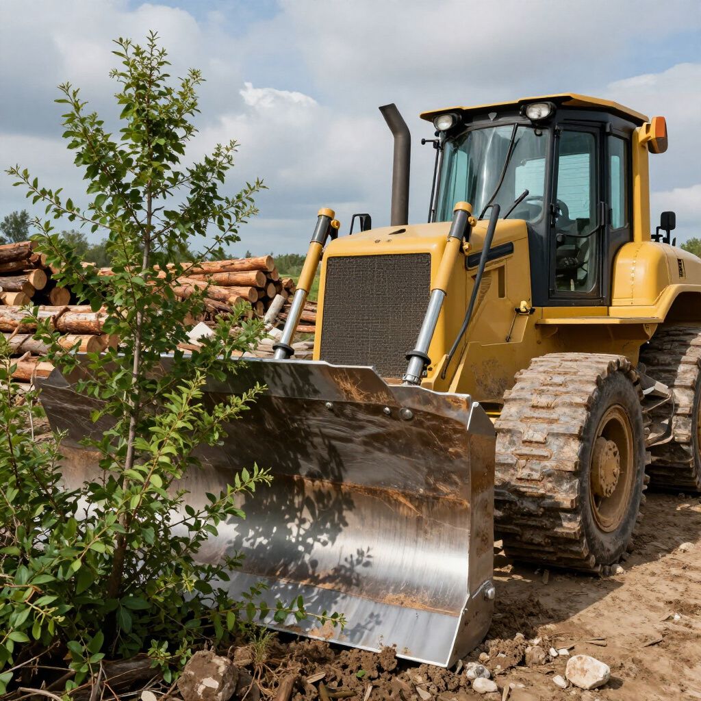 Yellow bulldozer clearing land near a pile of logs; cloudy sky background.