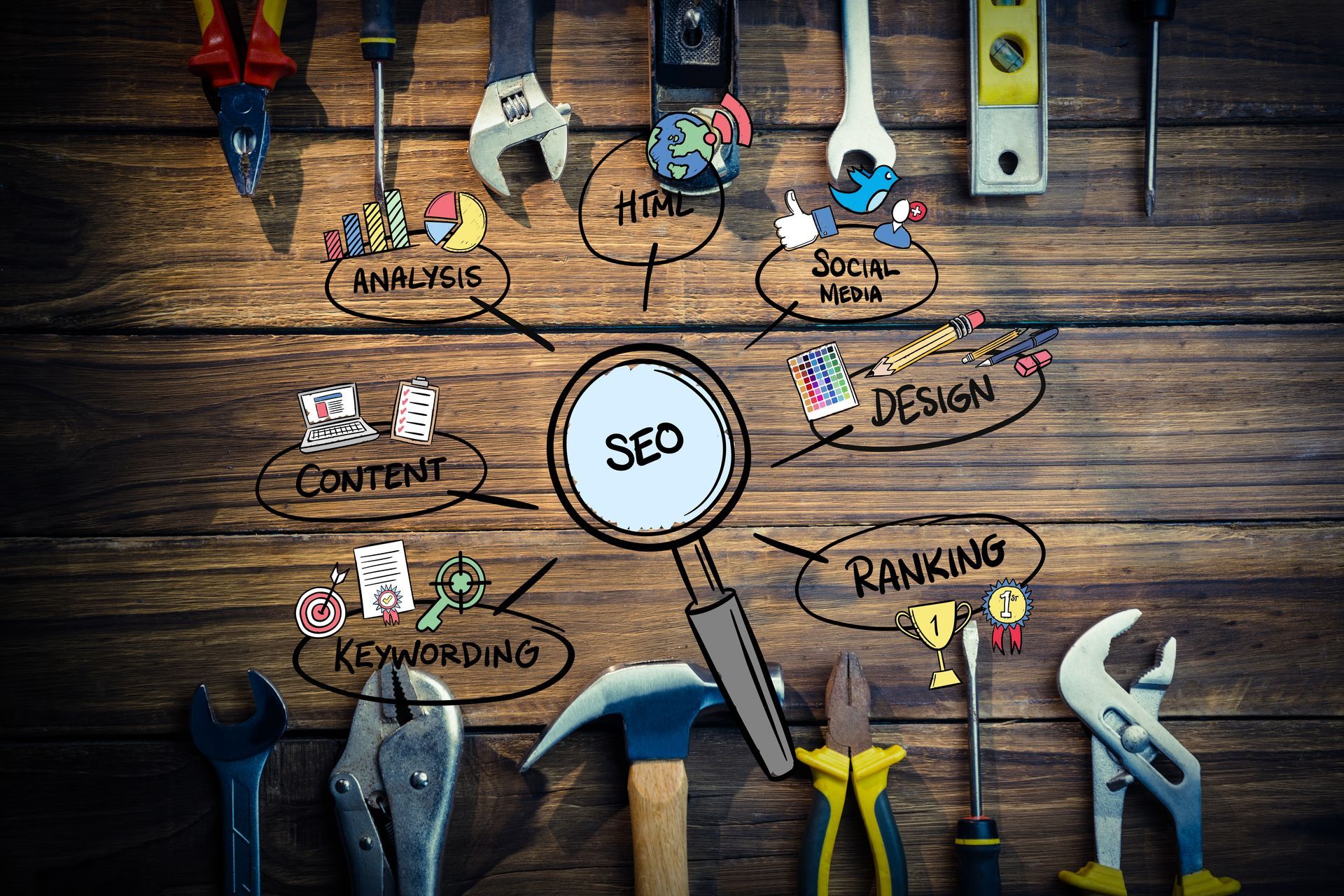 A bunch of tools are sitting on a wooden table.