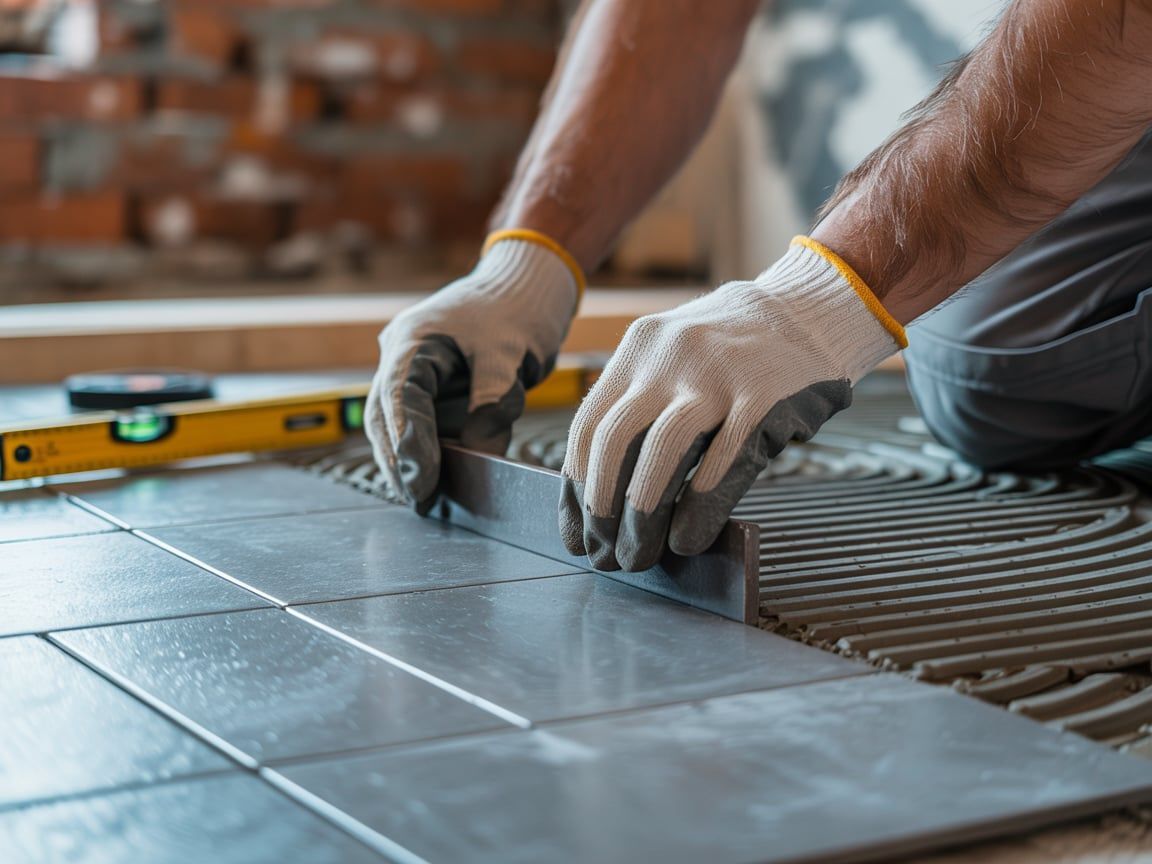 Person installing tile on floor with a level; wearing gloves, gray tiles, trowel.