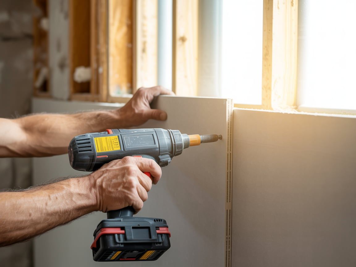 Hands of a worker using a drill to install drywall on a wall, indoors.