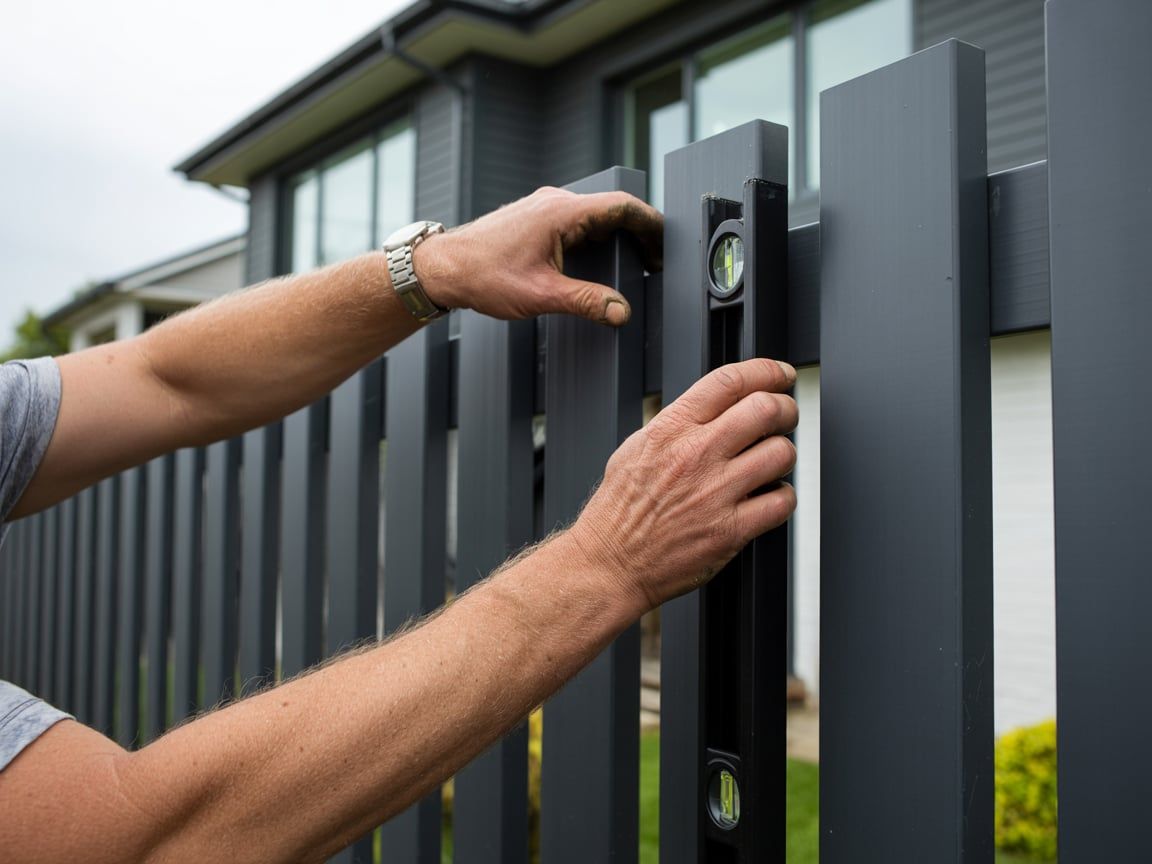 Man using level on gray fence post; construction.