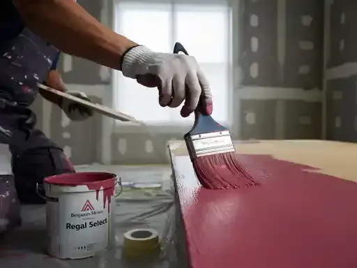 Person painting a wood surface with a maroon brush in a room.