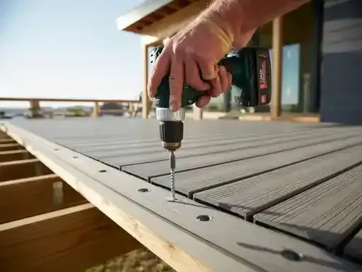 Person using a power drill to screw a gray composite deck board onto a wooden frame outdoors.