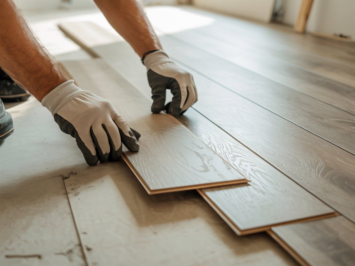 Person installing light wood flooring, wearing gloves.
