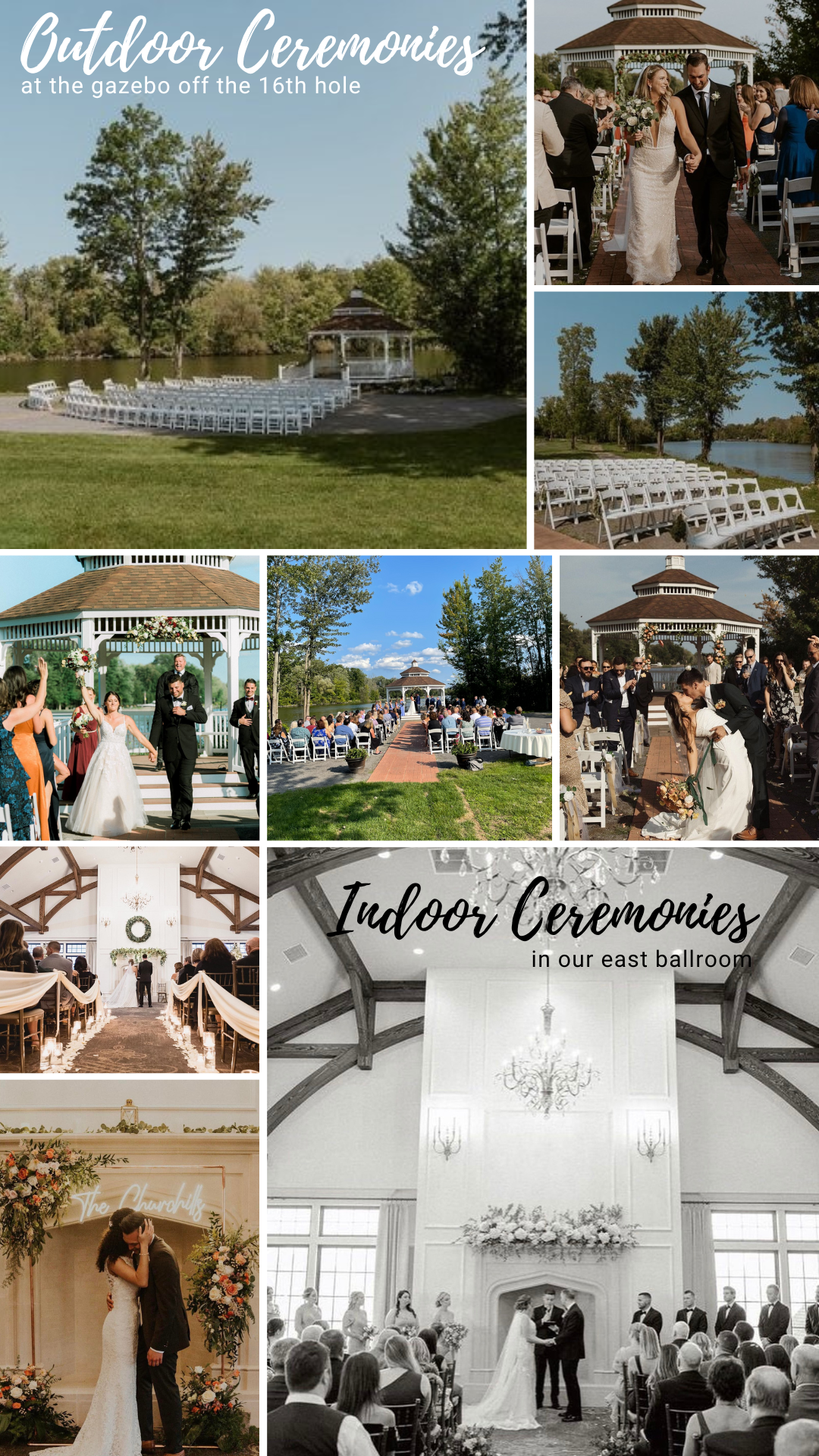 A collage of photos of an outdoor wedding ceremony.