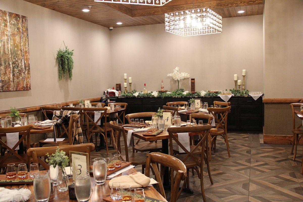 A restaurant with tables and chairs set up for a wedding reception.