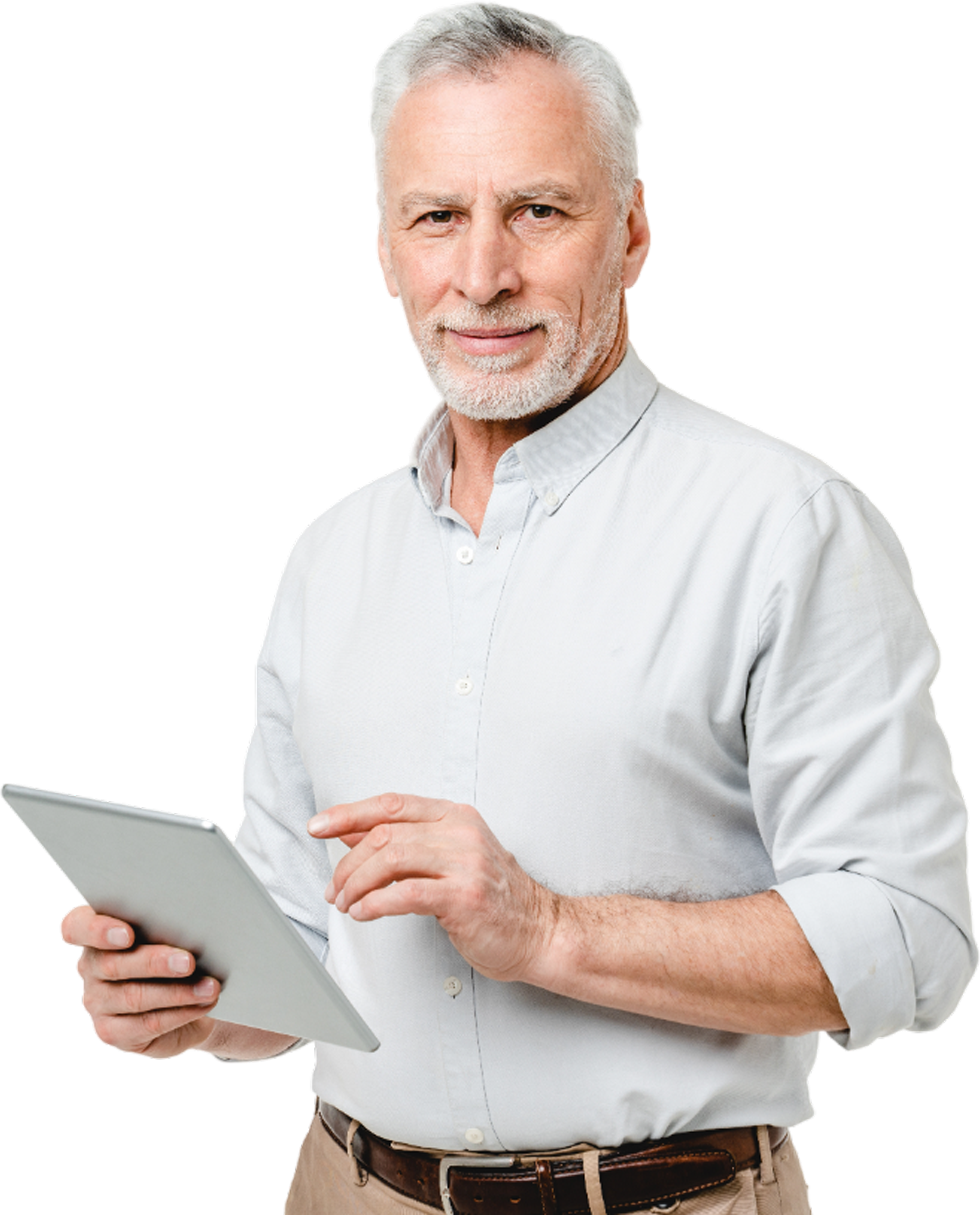 An older man is holding a tablet computer in his hands.