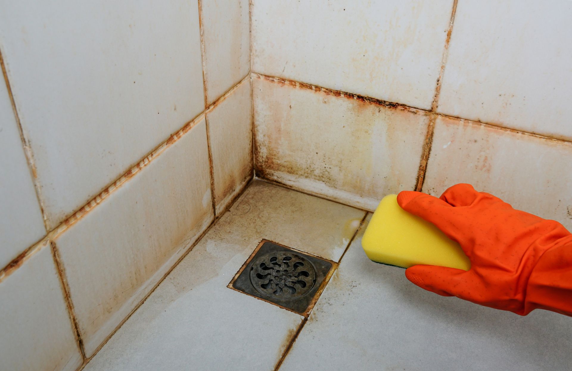 A person wearing orange gloves is cleaning a bathroom with a yellow sponge.
