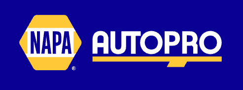 NAPA AUTOPRO logo on a blue background. The hexagon has NAPA. White text on a yellow line.