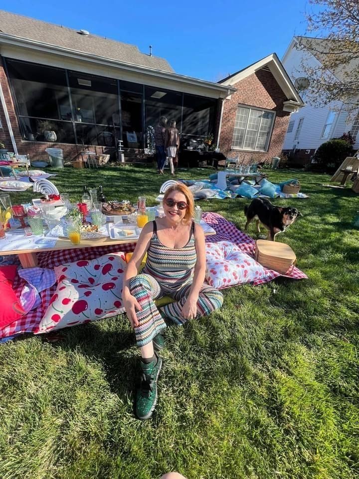 happy woman in picnic spot