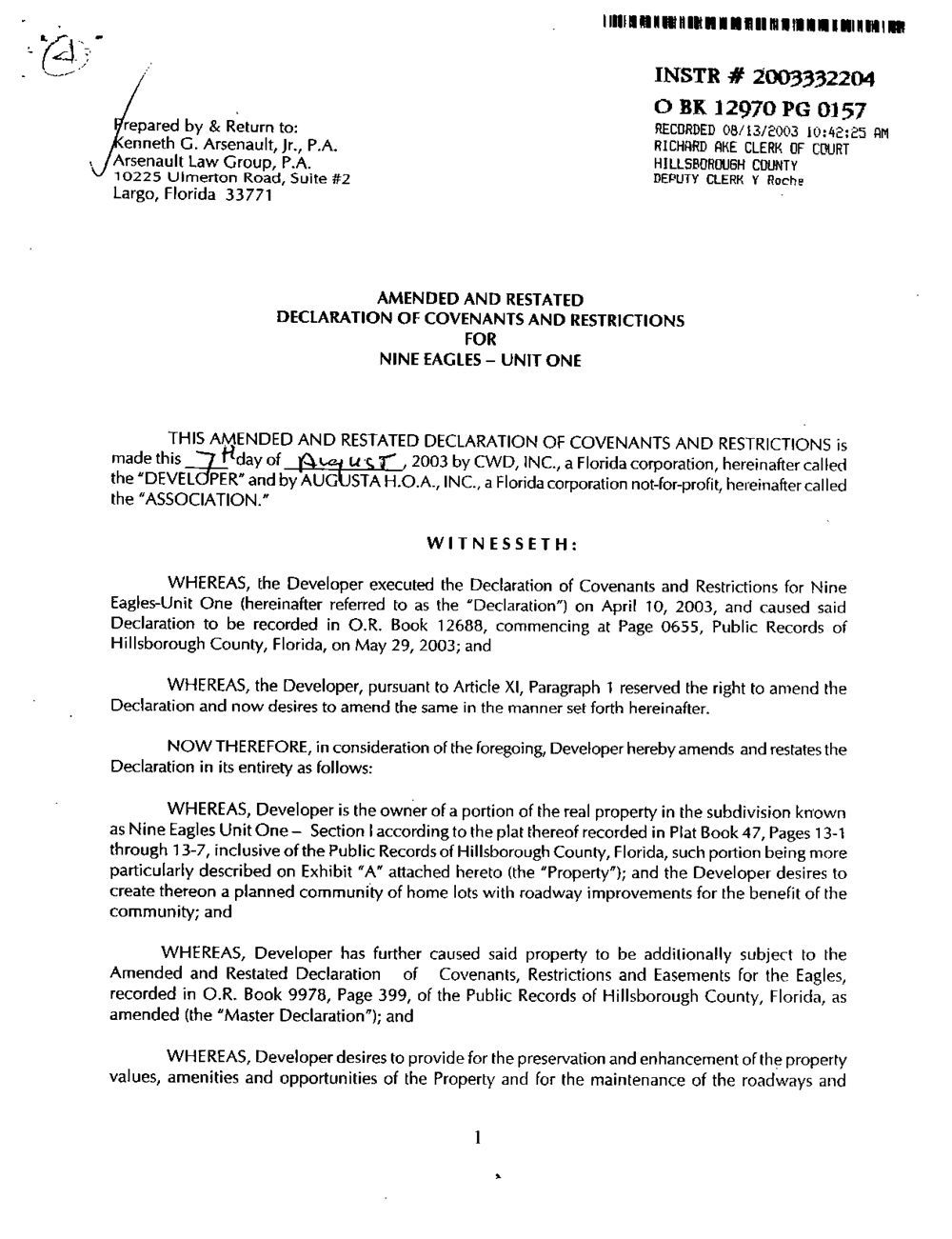 Amended and Restated Declaration of Covenants & Restrictions for Nine Eagles Unit One (Augusta HOA)